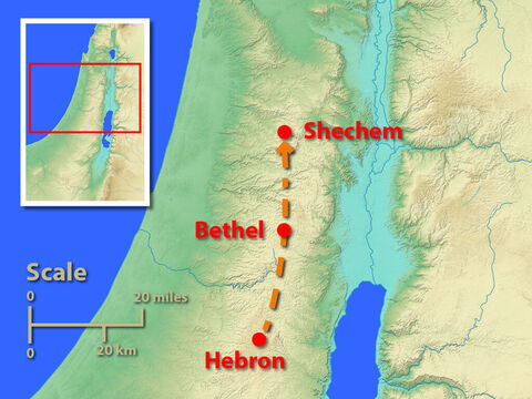 This map shows the most likely route Joseph travelled to find his brothers. – Slide 3