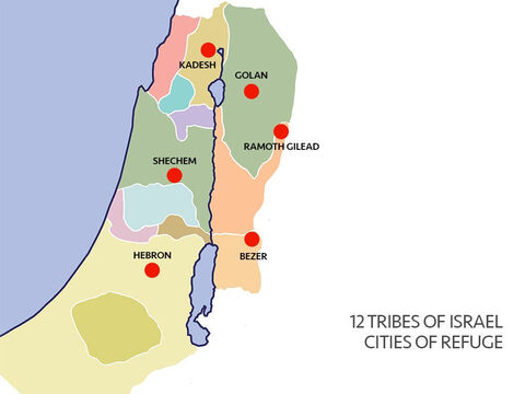 Six cities were chosen as places of refuge. If someone accidentally killed someone they could flee to a city of refuge and be protected from anyone wanting revenge. In a city of refuge both Jews and foreigners would be given a fair trial, and if innocent they could live there in safety. – Slide 8