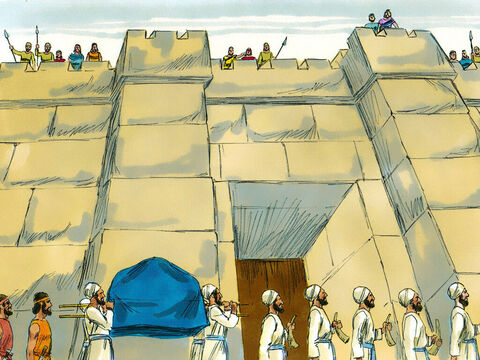Priests carried the Ark of the Covenant around the city with an armed guard in front and behind it. After one circuit of the city they all returned to the camp. – Slide 5