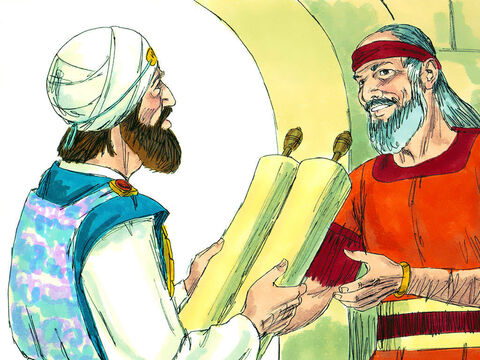 An excited Hilkiah rushed to Shaphan. ‘I have found the Book of the Law in the temple of the Lord.’ Shaphan immediately set off to tell King Josiah the news. – Slide 15