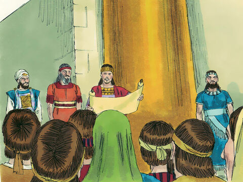 King Josiah called a meeting in the temple of everyone in Jerusalem and Judah, along with all the priests and Levites. The King read the words of God’s laws to everyone, then promised to obey them with all his heart and soul. The people then promised to do the same. – Slide 18