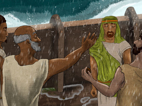 The sailors woke Jonah up and cast lots to find out who was responsible for this calamity. Jonah’s name was drawn. <br/>Jonah explained, ‘I am a Hebrew and I worship the God of heaven, who made the sea and the dry land. I am running away from my God’ <br/>‘How can we stop the storm?’ the terrified sailors asked. <br/>‘Pick me up and throw me into the sea,’ Jonah replied, ‘and it will become calm. I know that it is my fault that this great storm has come upon you.’ – Slide 4