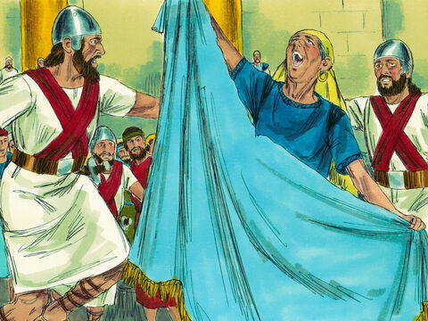Hearing the noise, Athaliah hurried to the Temple. When she saw Joash she torn her clothes and shouted, ‘Treason!’ Soldiers were ordered to lead her out of the Temple to be executed. – Slide 4