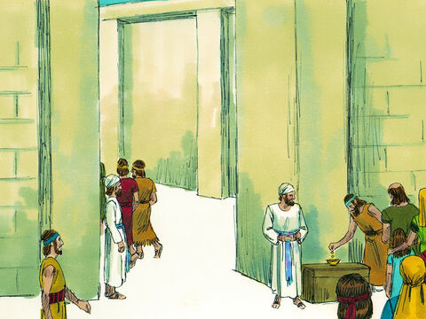 Finally Joash decided he must do something, so he had a large box placed by the Temple gate. When the people came to offer sacrifices, they were encouraged to put their gift of money into the box. – Slide 8