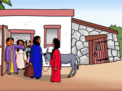 Mary and Joseph were exhausted and needed a place for Mary to give birth.  An innkeeper told them there were no rooms available but they could shelter in his stable if they wanted. Joseph and Mary headed to the stable to rest. – Slide 17