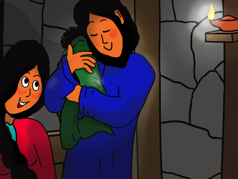 When the shepherds returned to their sheep, they were so excited they told everyone they met what had happened. And Mary and Joseph were happy to take care of Jesus. – Slide 25