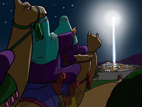 The Wise Men continued their journey to Bethlehem and the big star appeared in the sky again to lead them to the house where Mary, Joseph and Jesus were living. – Slide 32