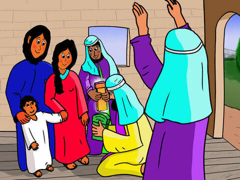 When the Wise Men arrived, they were so happy to see Jesus. They praised Jesus and gave Him their gifts of gold, incense and myrrh.  <br/>That night they were warned of Herod’s evil plans in a dream. – Slide 33