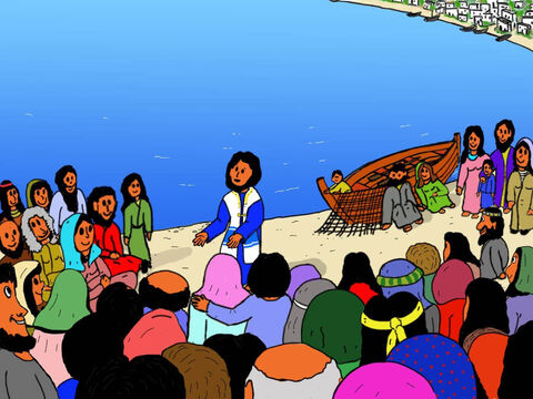Jesus and His twelve disciples had arrived in boats and lots and lots of people had gathered to see Him. Over five thousand men plus lots of women and children were there. – Slide 2