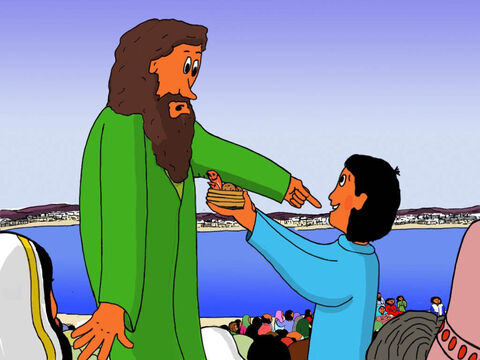 The boy went to one of Jesus' disciples named Andrew.  ‘I want to give my food basket to Jesus!’ Andrew said, ‘Okay, so you have five bread loaves and two little fishes you want to give to Jesus! Then you have to come down to Jesus!’ – Slide 15