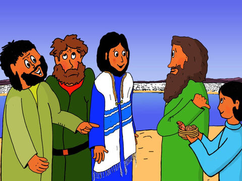 Jesus, here is a boy with five small barley loaves and two small fish, but how far will they go among so many?’ Andrew asked. – Slide 16