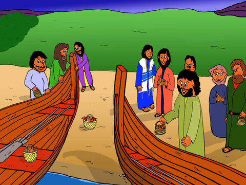 The disciples had gathered twelve baskets full of food so they now had their food basket and they were so happy. No one had laughed at them. Everyone loved Jesus. Then the disciples went into their fishing boats to sail over to the other side of the Galilean lake. – Slide 31