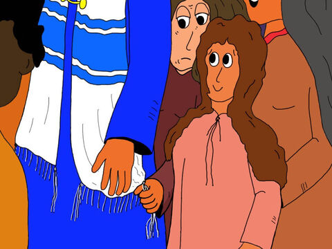 Keeping her face hidden so no-one would recognise her, she quietly joined the crowd and crept up behind Jesus. While no-one was watching, she reached out a hand and took hold of a corner tassle on Jesus' mantle. – Slide 10