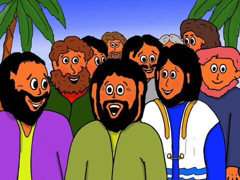 So Jesus and His disciples walked out of the town of Capernaum on their way to Nazareth. Everyone was very happy! – Slide 33