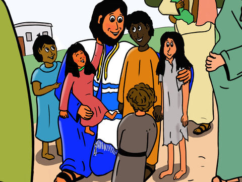 ‘Let the children through to see Me,’ said Jesus. The mothers and children were so happy. – Slide 12