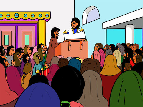 But when Jesus came to the temple, large crowds gathered to hear Him. – Slide 4