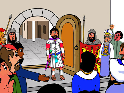 When Pilate opened the door, they shouted: ‘Here is a man who said He is the Son of God. You have to kill Him.  <br/>But Pilate did not want to do that. He did not think this charge deserved the death penalty. So they changed their accusation and shouted, ‘He has made himself king!’ – Slide 5