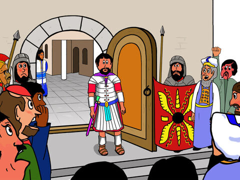 The large crowd that had gathered outside shouted, ‘He has made himself king! We have no king but the Roman emperor!’ <br/>Pilate was astonished to hear this as the Jews hated having the Romans  rule over them. – Slide 9