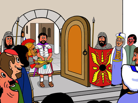 Pilate dared not do anything but sentence Jesus to be crucified. But to show that he did not want to responsible for the decision, he washed his hands. The people were agreed that they were happy to be responsible for this very unfair decision. – Slide 15