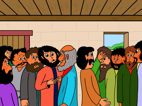 In the evening, two disciples who had been on their way home to the town of Emmaus, arrived back in Jerusalem. They said that that Jesus had joined them on the way to Emmaus. They had talked with Him but not  understood who He was at first. But when they stopped and broke bread together, they suddenly knew it was Jesus, but He had then disappeared from sight. They had quickly returned to let the disciples know Jesus was alive. But the other disciples would not believe them. – Slide 21
