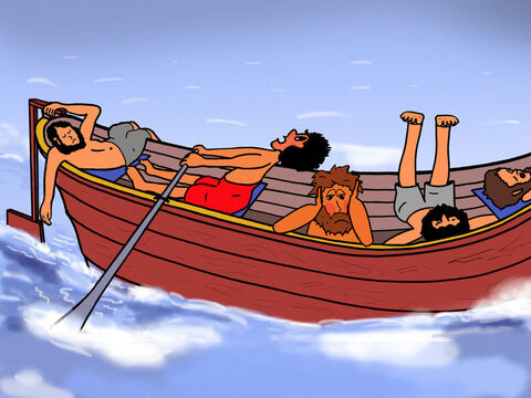 (There is an optional additional resources of a soundtrack of waves and seabirds you can download and play at this point.) A few days later, the disciples were in Galilee and Peter wanted to go fishing. Six other disciples joined him. But even though they fished all night, they did not catch any fish. They were both tired and disappointed. – Slide 26