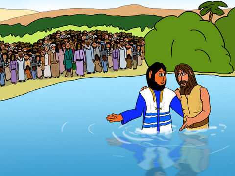 One day Jesus came to John to be baptised. John protested and said that it was he who needed to be baptised by Jesus instead. But Jesus insisted that John should baptise Him. Not because Jesus had committed any sin, as Jesus is the only person who has walked the earth who has not committed any sin, but because Jesus wanted to show He obeyed God and was ready to start the mission God had sent Him to do. – Slide 14
