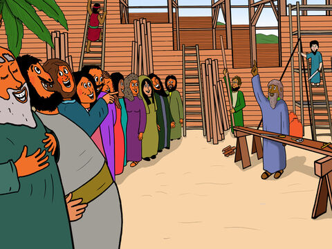 Many heard about what Noah and his sons were doing. They mocked and laughed loudly when Noah explained what God had told him. Noah said that they must repent of their sins, ask for forgiveness and start obeying God. Then they would also be saved from the flood. But no one cared what Noah said. – Slide 9