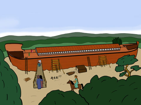 At that time people lived much longer than they do today. Finally, after about 100 years’ hard work, the great Ark was finished with many different chambers and a door on one side of the Ark. – Slide 10