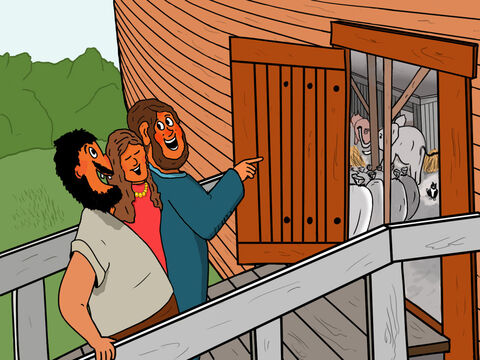 Outside the entrance, people continued to mock and laugh at Noah and his family. ‘You are big fools who think there is going to be a flood,’ they shouted and laughed heartily. But – bang! – Slide 14