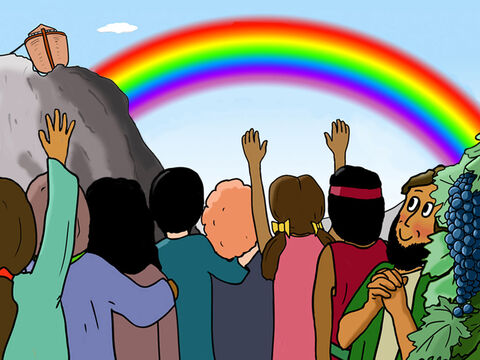 As proof of His promise, God made the rainbow with its seven different beautiful colours. The seven colours of the rainbow are red, orange, yellow, green, blue, indigo and violet. ‘Every time I let the rainbow appear in the sky, I will remember my promise,’ said God. Noah died when he was 950 years old. His sons Shem, Ham and Japheth, together with their wives, had children and all the people who then lived and now live on earth are descended from them. – Slide 34