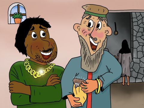 The men quickly got a lot of money for her predictions. ‘This is great,’ the men laughed. ‘She cleans, cooks and now makes us very rich!’ But the girl was very unhappy and disturbed as she was controlled by an evil spirit who gave her this power. – Slide 8