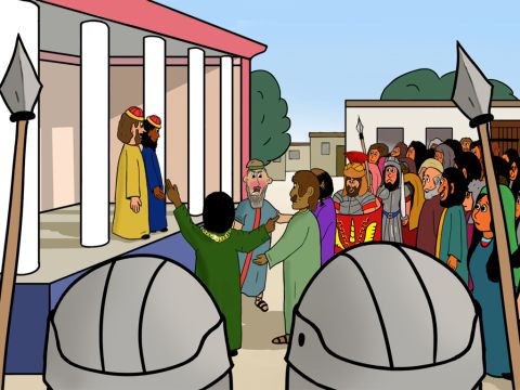 But the men seized Paul and Silas and dragged them to the city judge. They shouted that Paul and Silas were dangerous men who must be severely punished! Paul and Silas tried to explain what had happened but they would not listen. – Slide 15