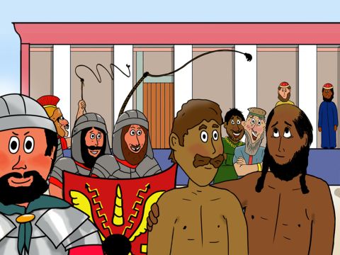 Without giving them a fair trial, the judges sided with the bad men. They grabbed Paul and Silas, tore their clothes and had them flogged with many hard blows on their backs. – Slide 16