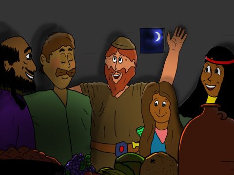 The jailer took Paul and Silas back to his residence and washed their wounds. When the jailer's family heard the good news about Jesus, they all wanted to have their sins forgiven. That night they were all baptised. Then they offered Paul and Silas food. Everyone was so happy. – Slide 27