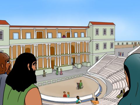 Ephesus used to be a very large city with several hundred thousand inhabitants. It was located in what is now western Turkey. It had one of the world's largest outdoor theatres with 25,000 seats. – Slide 1