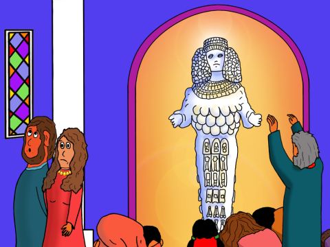 Inside they prayed to a large man-made statue called the goddess Diana. Gifts of gold, silver and ivory were offered to this false goddess. – Slide 3