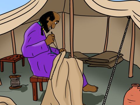 In the mornings and evenings, Paul worked making tents to earn an income and live. Then he taught in the teaching hall from about 11 a.m. to 4 p.m. each day. – Slide 11