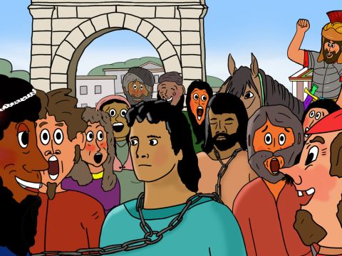 Quickly they gathered a mob who shouted ‘Great is Diana of the Ephesians’. The mob grew rapidly and they grabbed two Christian men named Gaius and Aristarchus as prisoners and forced them into the theatre. They searched for Paul but could not find him. – Slide 25