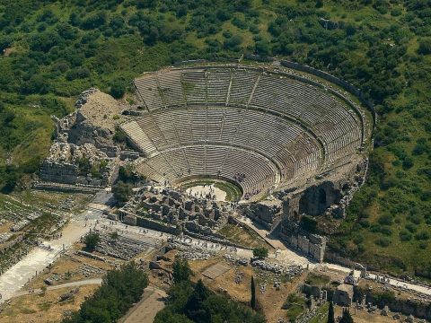 Today the big outdoor theatre in Ephesus can still be seen but it is in ruins. – Slide 35