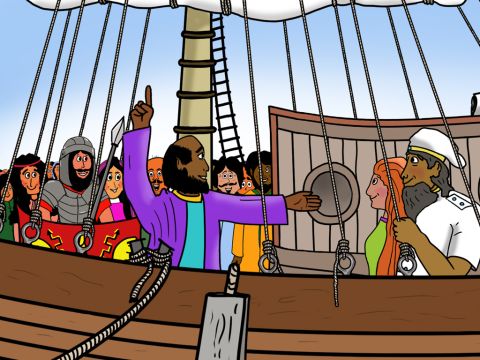 They arrived at a sheltered port on the island of Crete called ‘Fair Havens’. God told Paul to warn the 276 travellers who were with him in the boat, that if they did not stay sheltered in the harbour during the winter months, there was a great risk of storms, shipwreck and lost lives. – Slide 2