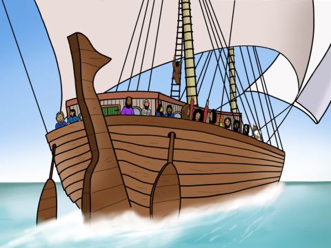 The sailors hoisted the sails and the ship headed out to sea towards Phoenix. – Slide 7