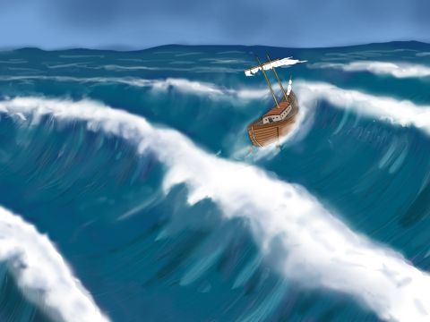 Suddenly, a very strong wind from the north-east caused a storm and blew the ship off course. The waves were big and powerful! – Slide 10