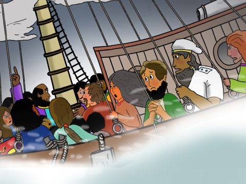 Paul shouted to all the 276 travellers: ‘An angel from God came to me this night and said, "Don’t be afraid Paul, for you will stand before the emperor Nero! God in His goodness has granted safety to everyone sailing with you. Take courage! We will be shipwrecked on an island."’ – Slide 14
