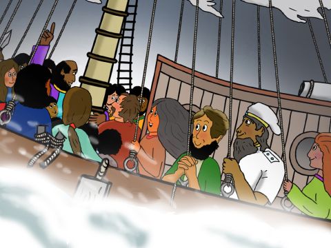 ‘God will rescue us all. The ship will be wrecked but we shall be saved. I have faith in God that it will happen just as He told me.’ All the travellers became very glad! – Slide 15