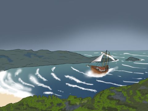 The ship was driven towards an island and into a bay. No one knew where they were. Suddenly there was a huge crash! – Slide 17