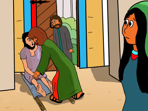 Peter took hold of the man's right hand and raised him up. Immediately the man found strength in his feet and legs. – Slide 3