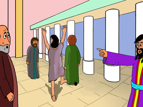 When Peter and John entered the temple courts in Solomon’s Colonnade, the man followed and continued to leap high and praise God. People recognised him as the same man who used to sit begging at the temple gate and were amazed. – Slide 6