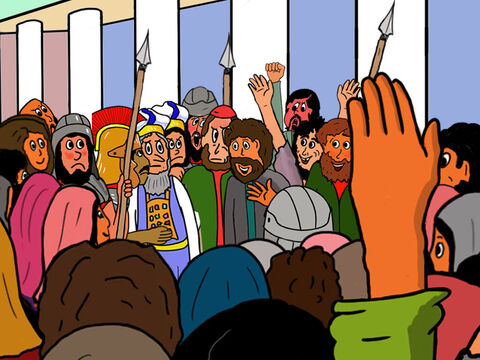 Priests and soldiers arrived on the scene and were very angry with Peter and John for preaching about the resurrection of Jesus. They quickly had Peter and John imprisoned. – Slide 8