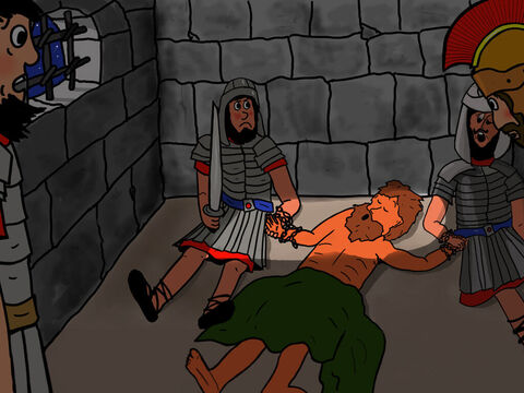 That night, 16 soldiers were guarding Peter. He was chained between two soldiers and others kept guard on the doors. The soldiers were very surprised to see how well Peter slept and that he was not at all worried about what would happen next. – Slide 4