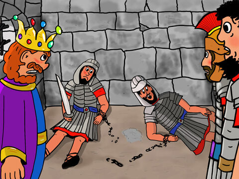 When the soldiers awoke in the morning, they were greatly alarmed to find that Peter was gone. Herod was angry and had the soldiers guarding Peter severely punished. Herod himself died shortly afterwards of a serious illness. – Slide 19